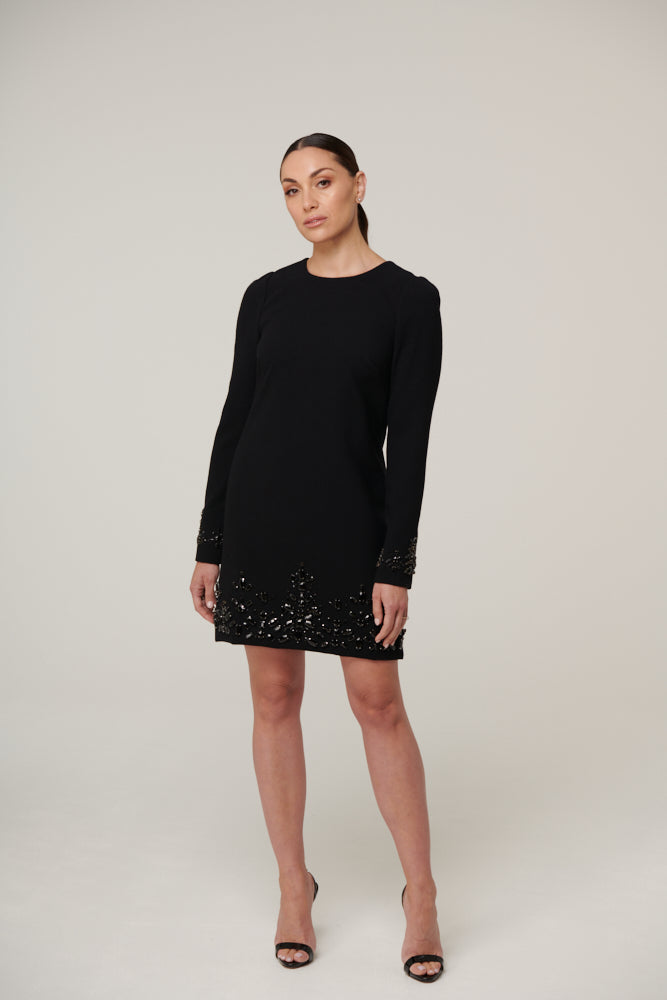 Crystal beaded, long sleeved shift dress