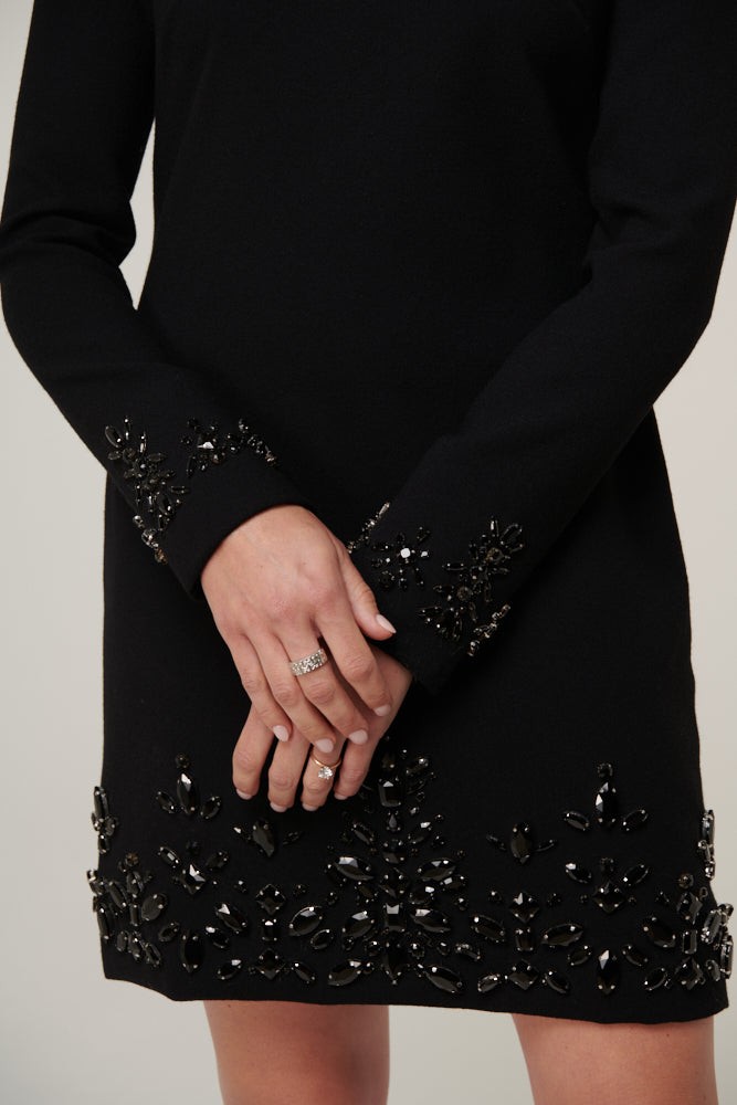 Crystal beaded, long sleeved shift dress