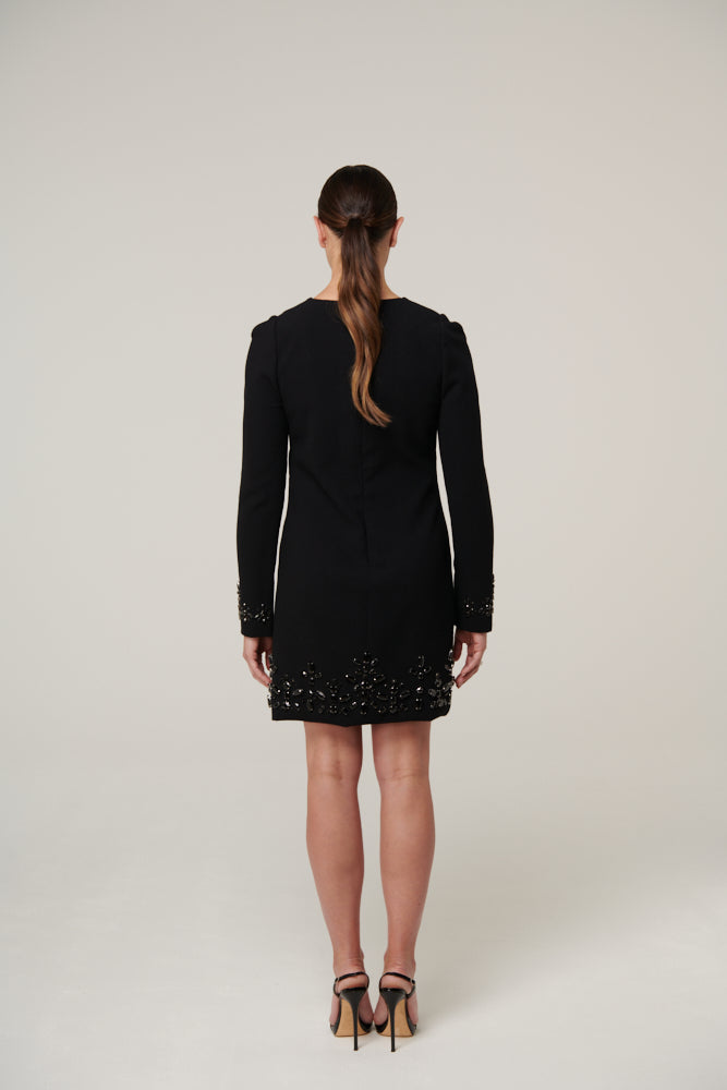 Crystal beaded, long sleeved shift dress