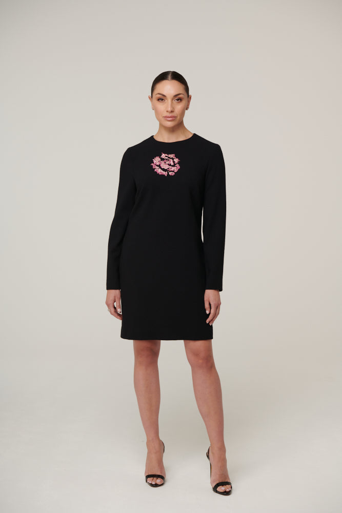 Crystal rose hand beaded, long sleeved shift dress
