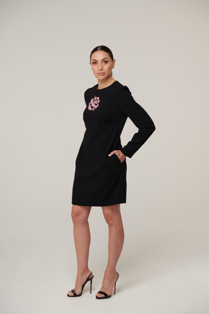 Crystal rose hand beaded, long sleeved shift dress