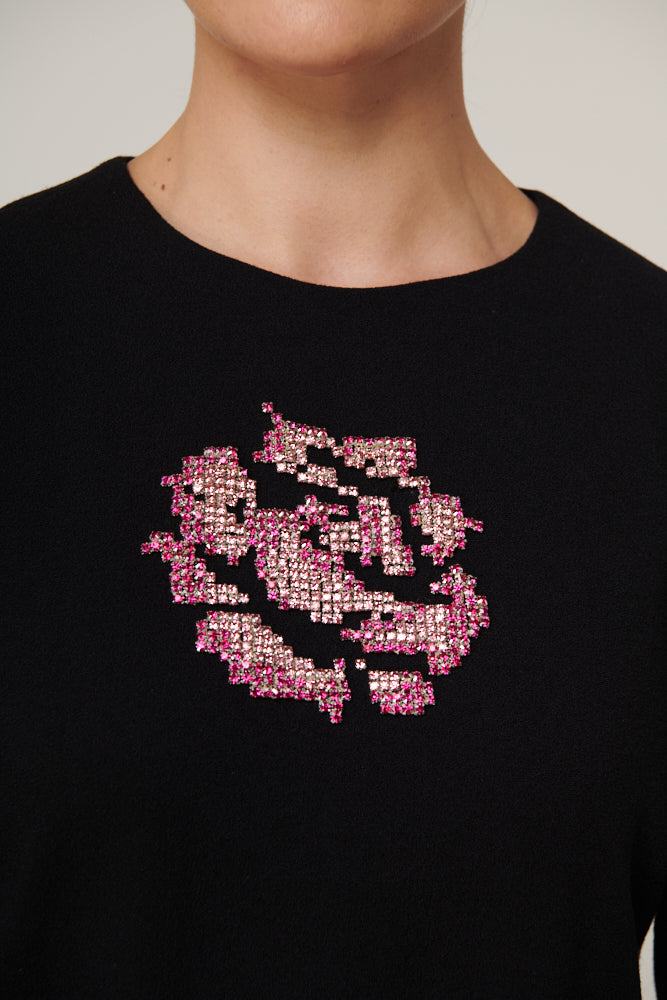 Crystal rose hand beaded, long sleeved shift dress