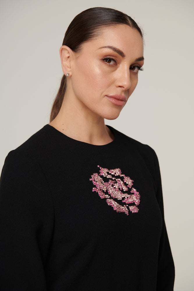 Crystal rose hand beaded, long sleeved shift dress