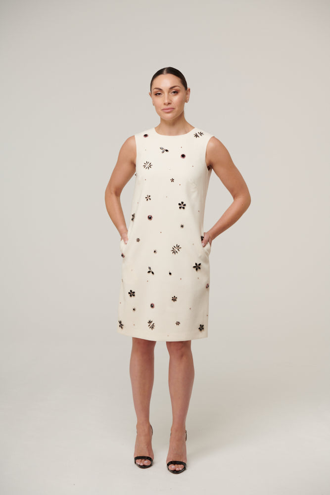 Sleeveless shift dress with clusters of sparkling crystal beads