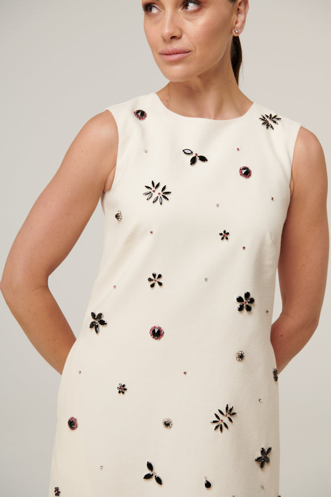 Sleeveless shift dress with clusters of sparkling crystal beads