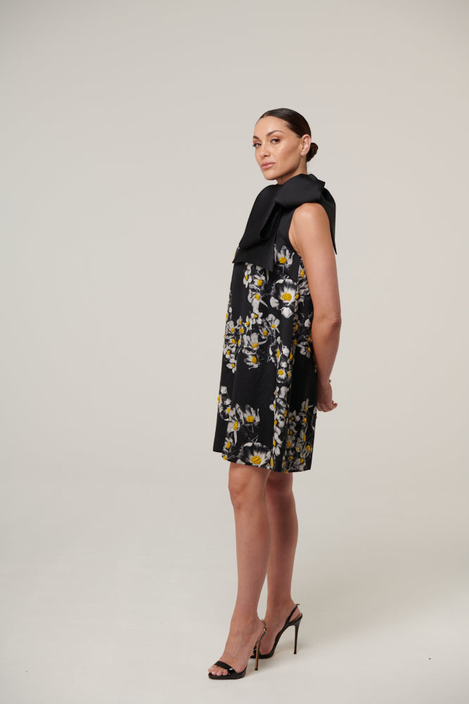 Hand beaded, sleeveless dress with neck tie, yellow seed beads