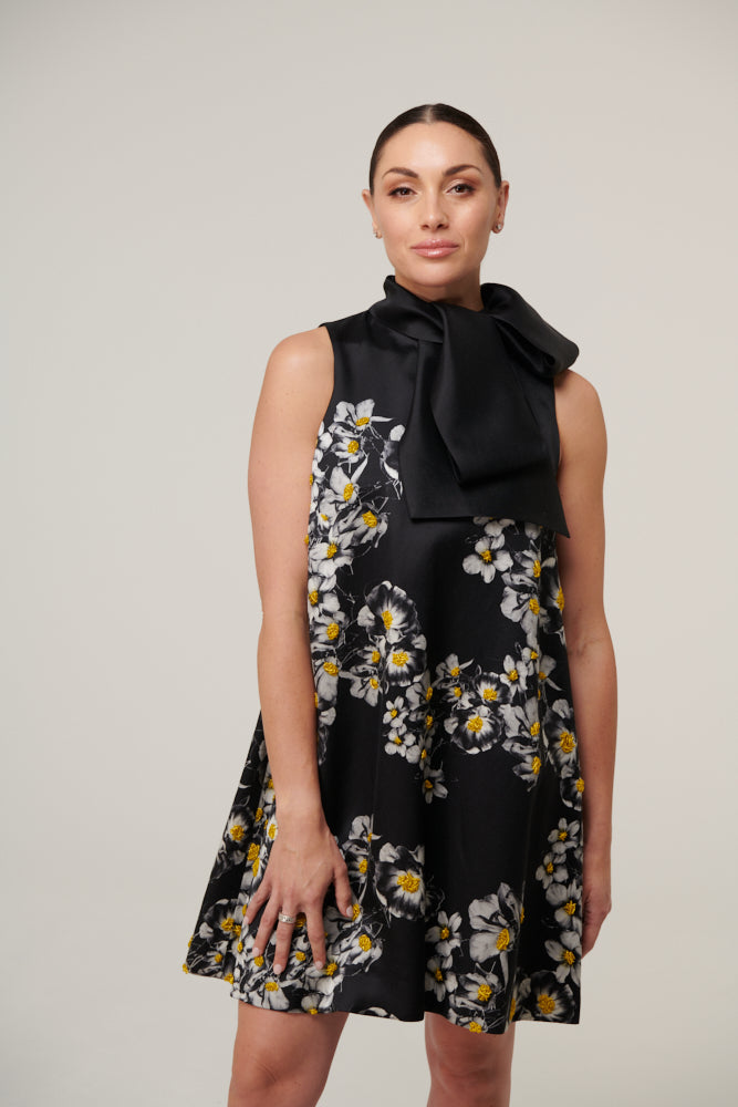 Hand beaded, sleeveless dress with neck tie, yellow seed beads