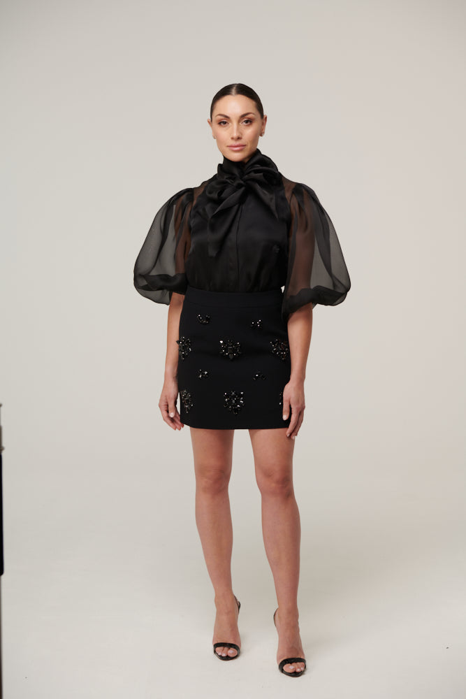 Silk organza blouse with puff mid-length sleeves