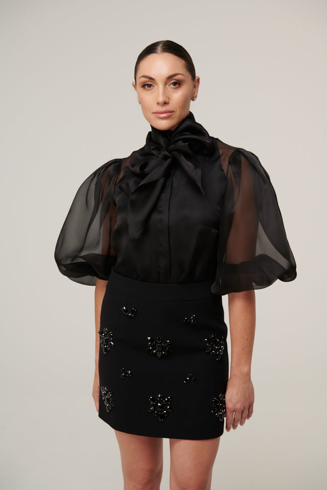 Silk organza blouse with puff mid-length sleeves
