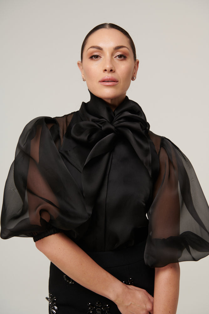 Silk organza blouse with puff mid-length sleeves