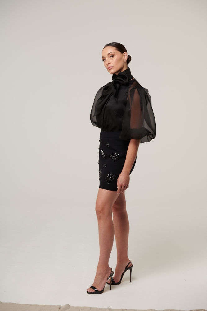 Silk organza blouse with puff mid-length sleeves
