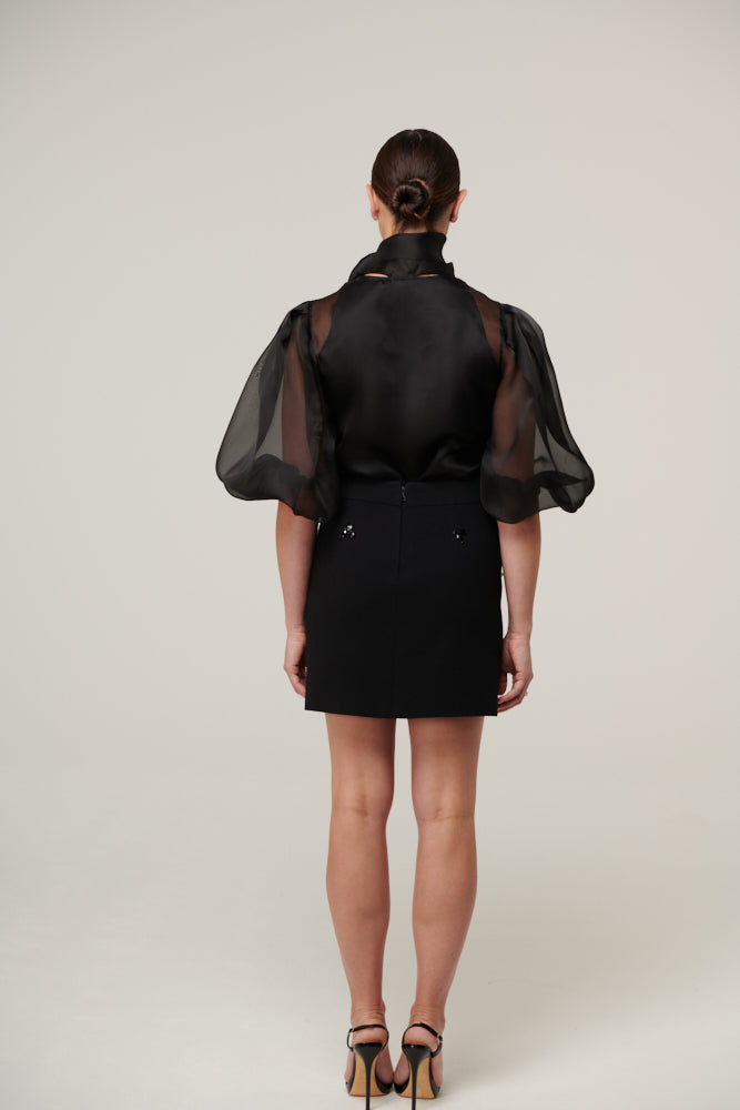Silk organza blouse with puff mid-length sleeves