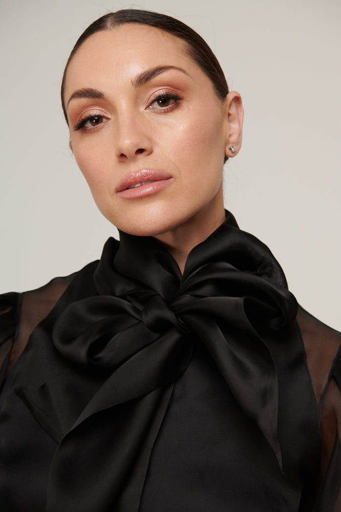 Silk organza blouse with puff mid-length sleeves